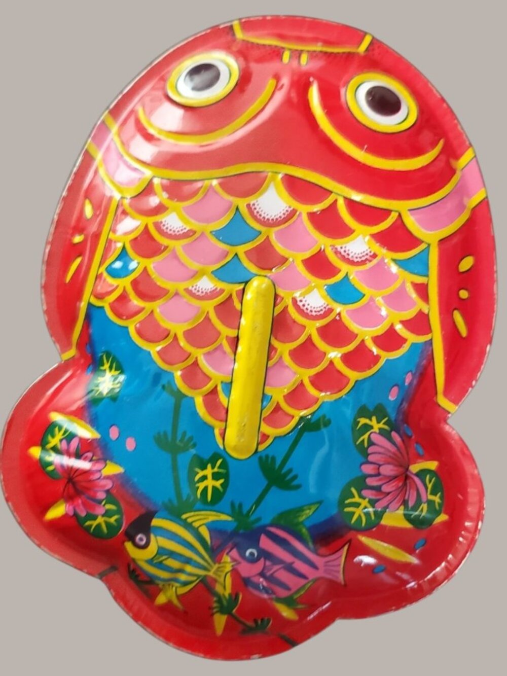 Vtg Tin Toy Fish Shaped Rattle W/Vibrant Floral & Fish Design Collectible Retro